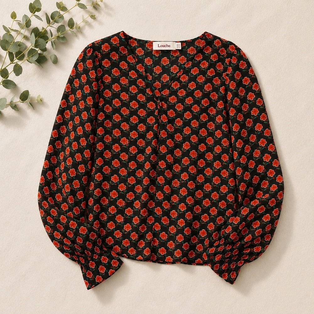 Louche Irena Peach Pansy Blouse Size 10 Black Floral V-Neck Long Sleeve‎ Top